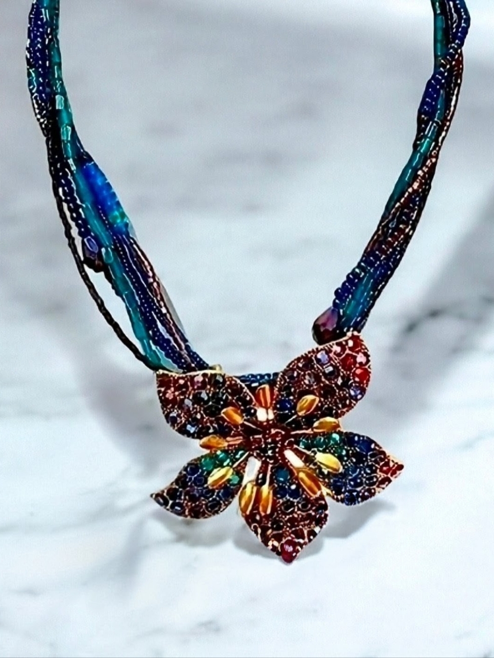 Chico's Multi Strand Floral Adj. Necklace Lobster Claw Blues, Purples & Amber - Picture 2 of 4